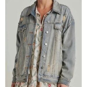POL Silver Studded Jean Jacket M Trucker Biker Rocker Oversized Distressed Denim